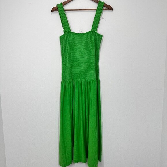 Nation‎ LTD Bright Green Gabby Smocked Midi 100% Pima Cotton Casual Tank Dress L - Picture 5 of 8